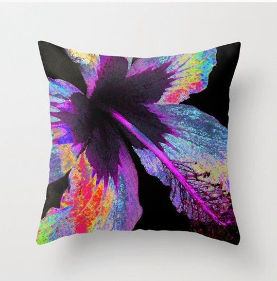 Items similar to Pillow Cover, Royal Hibiscus, Purple, Neon, Black, Hawaii, Island art ...