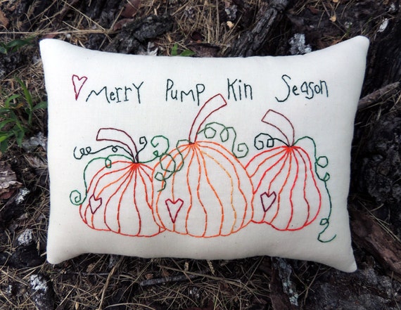 Primitive Pumpkin Pillow, Autumn Decor, Fall Hand Embroidery Stitchery, Fall Pumpkins Decoration, Orange Black Green, Halloween Decor