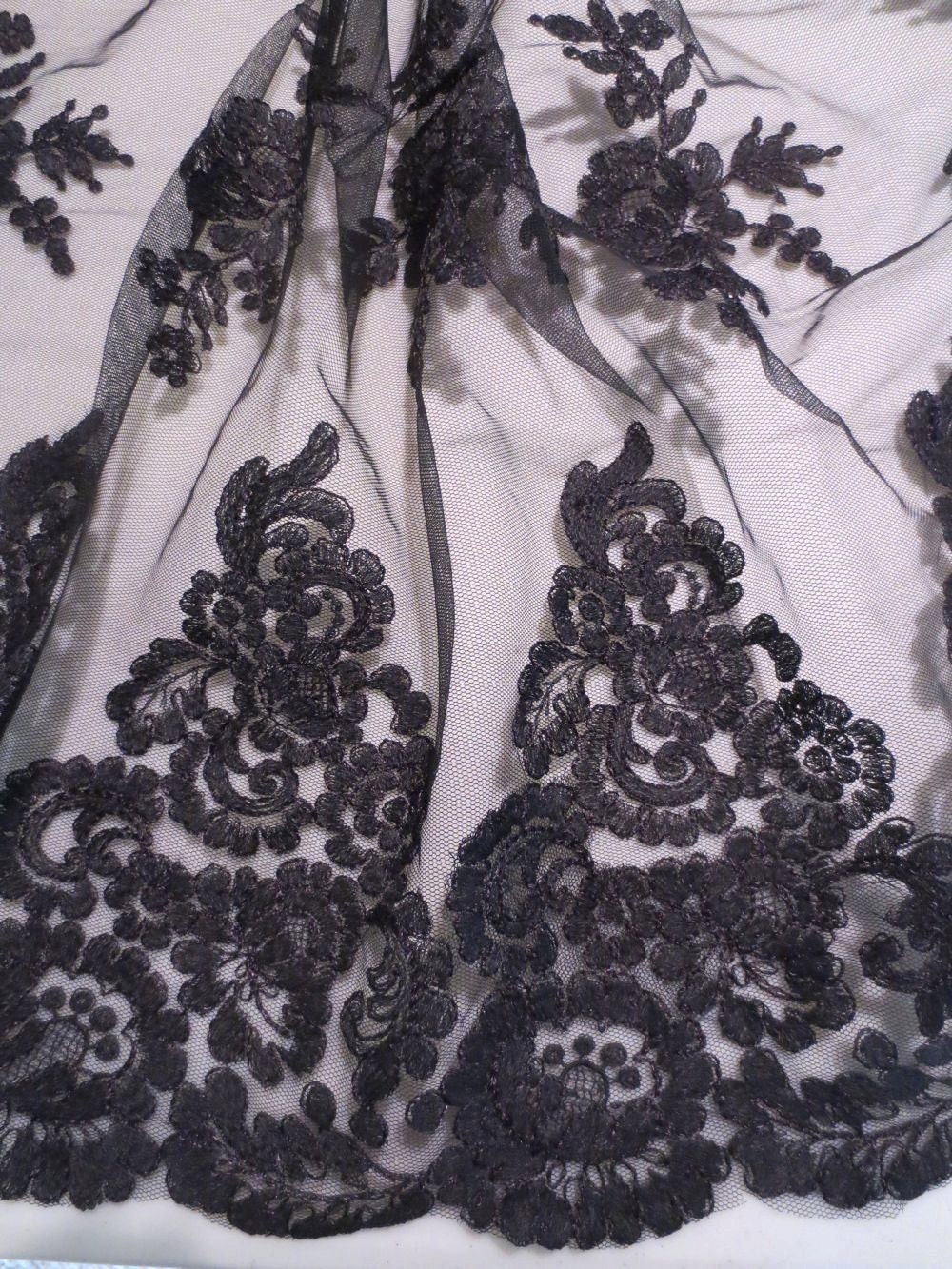 Black Heavily Embroidered Tulle Lace Fabric-One Yard