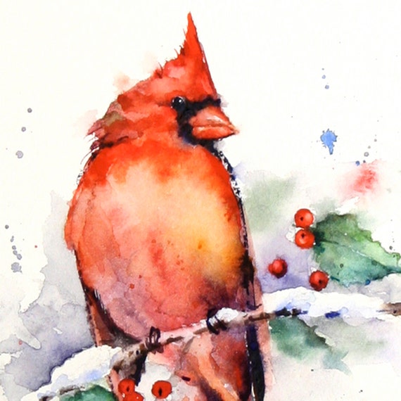 CARDINAL & Holly Watercolor Print Cardinal Painting Bird