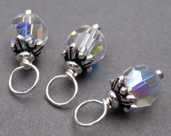 Birthstone Charm Swarovski AB Crystal, Wire Wrapped Bead Dangles, April Birthstone Jewelry, Stitch Markers, Interchangeable Earrings