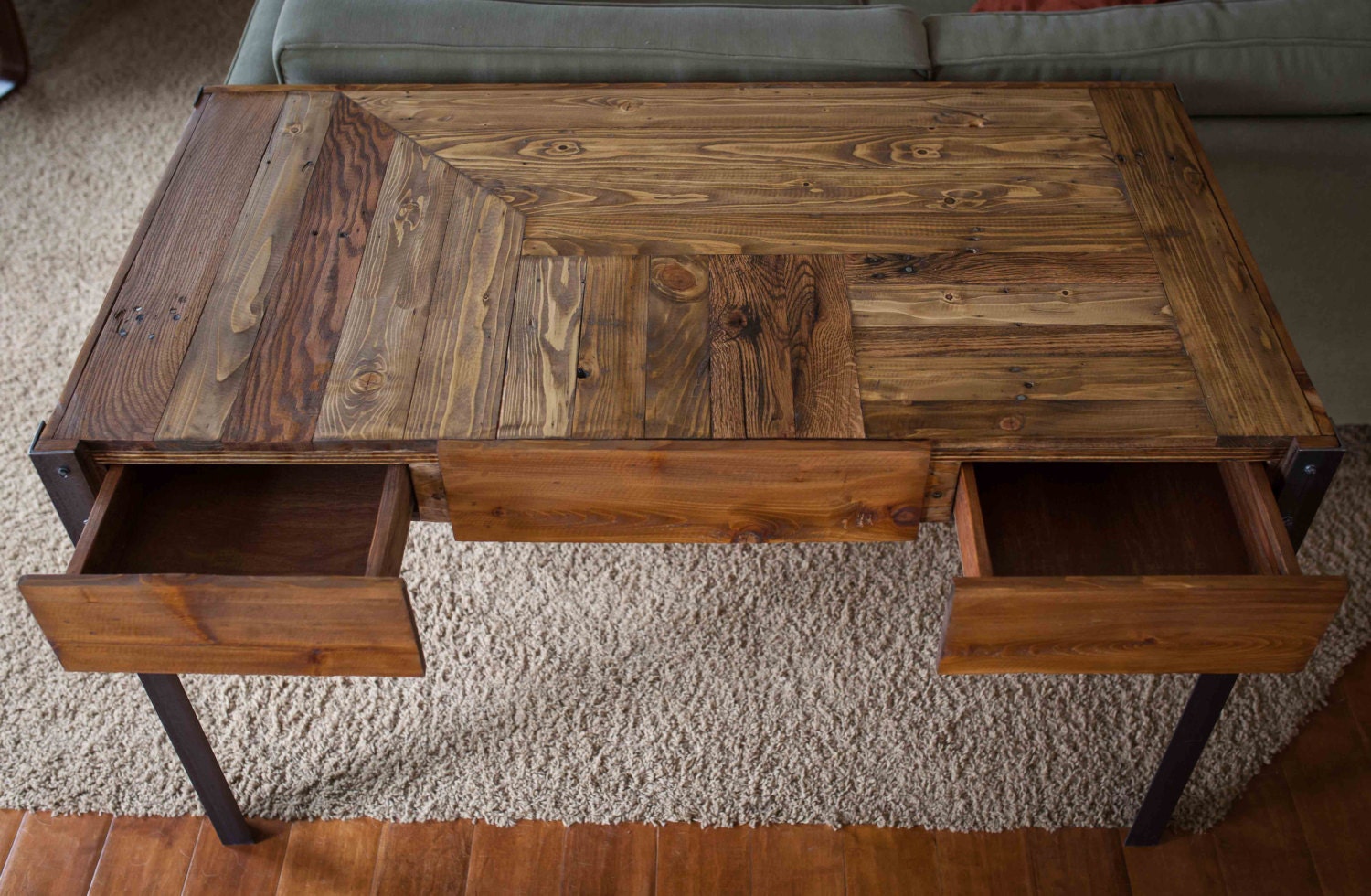 Pallet Wood Desk with Metal Legs and Two Drawers