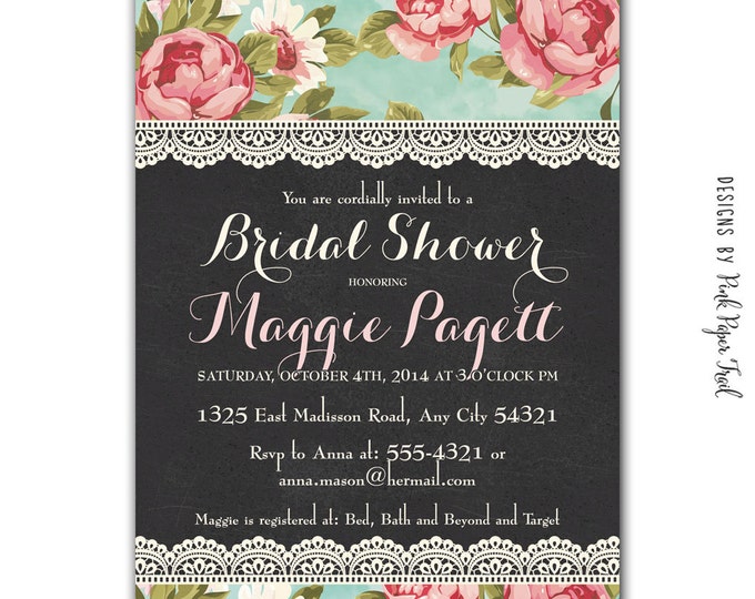 Shabby Chic Invitation v.1, Chalkboard, Floral, Tea Party, Print Your Own Invitation, Wedding, Bridal Shower, Baby Shower