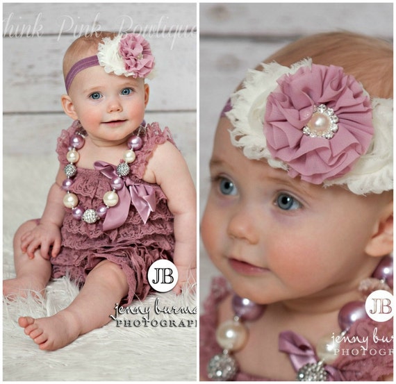 Petti lace romper and headband SET, petti romper, mauve headband, romper, baby headbands,lace petti romper, smash cake set, baby headbands. by ThinkPinkBows