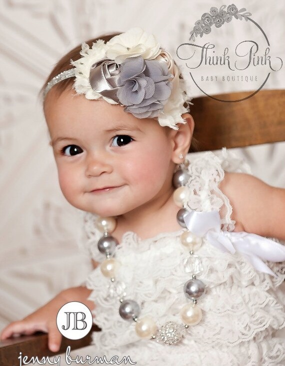 Bubblegum Necklace and Baby Headband SET,Baby Headbands, Little girls Chunky Necklace, Ivory and Grey Baby Headband and Chunky necklace set. by ThinkPinkBows
