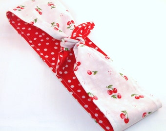 Headscarf Pinup Rockabilly Cherry with Red and White Dots Reversible Headband 40s 50s Rosie the Riveter Women Teens Hair Accessory
