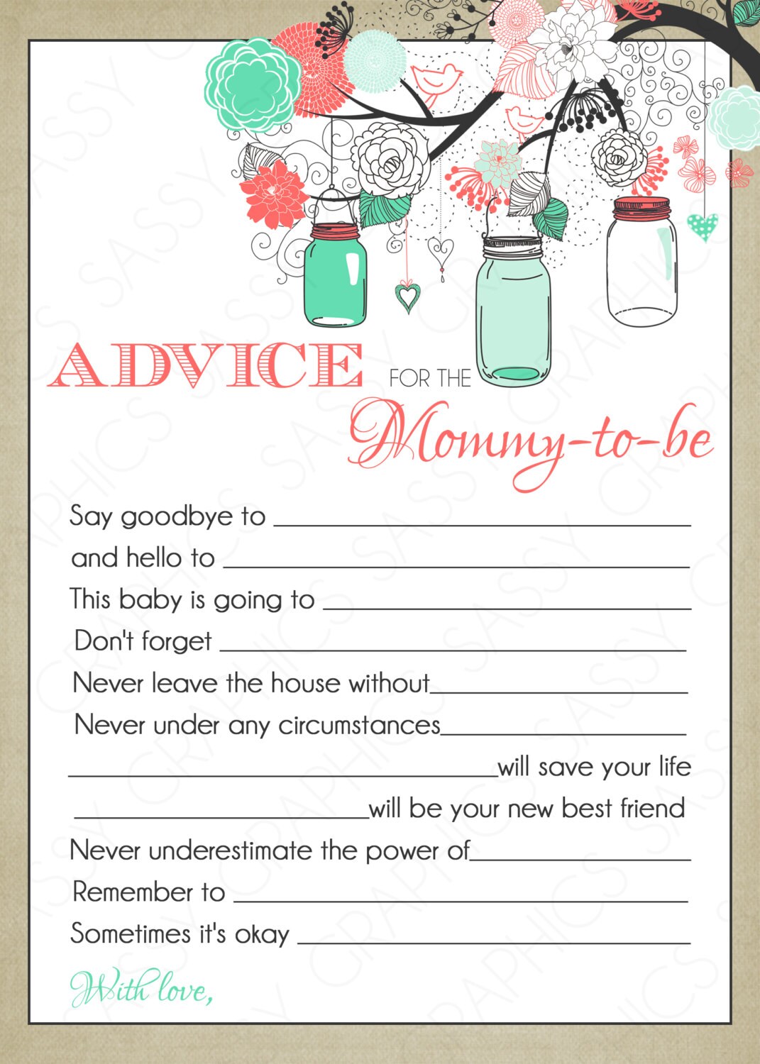 Advice card for baby shower with mason by SassyGraphicsDesigns