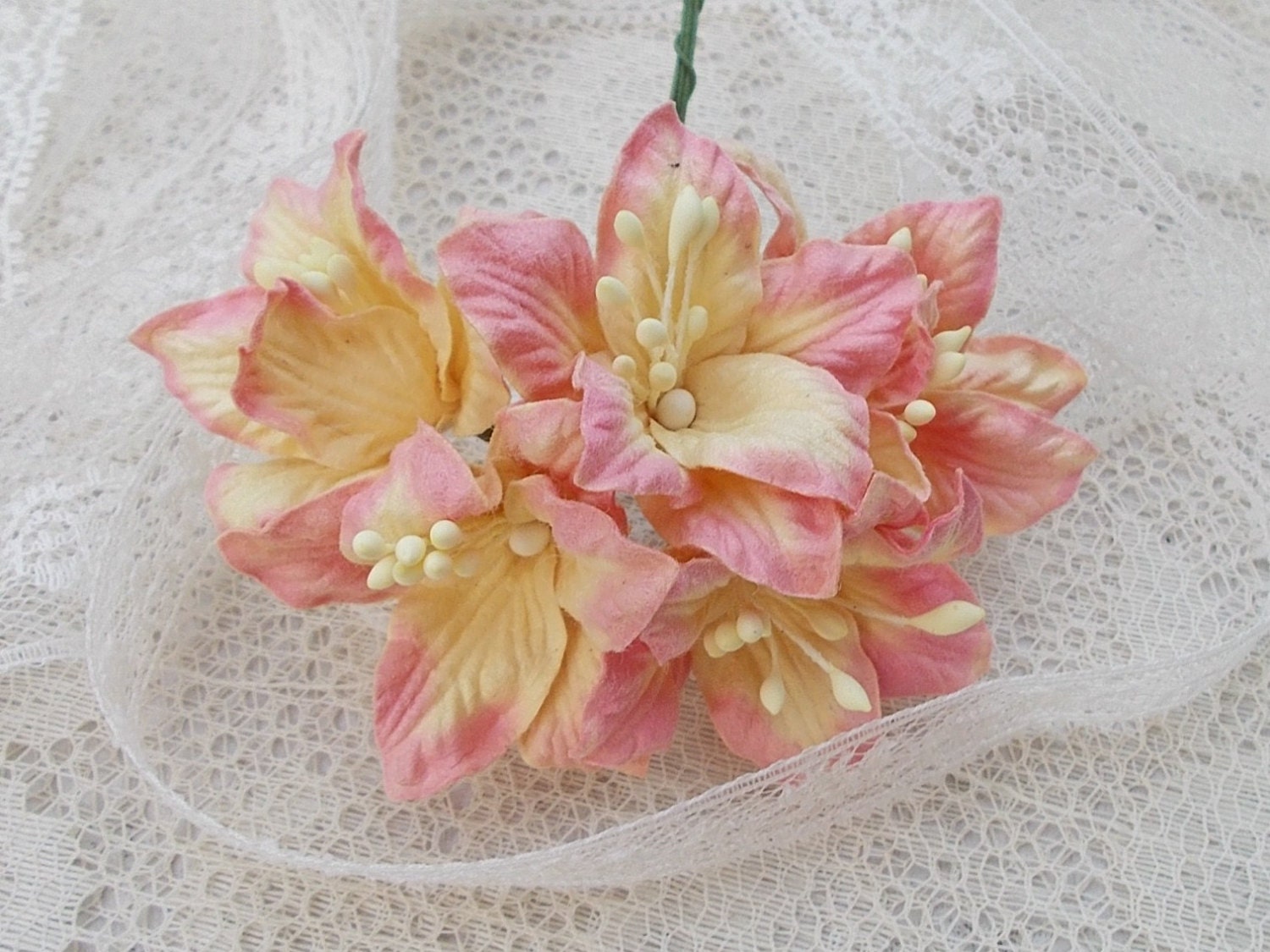 Shabby Chic Lily Flowers for Scrapbooking, Card Making, Altered Art, Tags, Mixed Media, Wedding, Cream and Pink