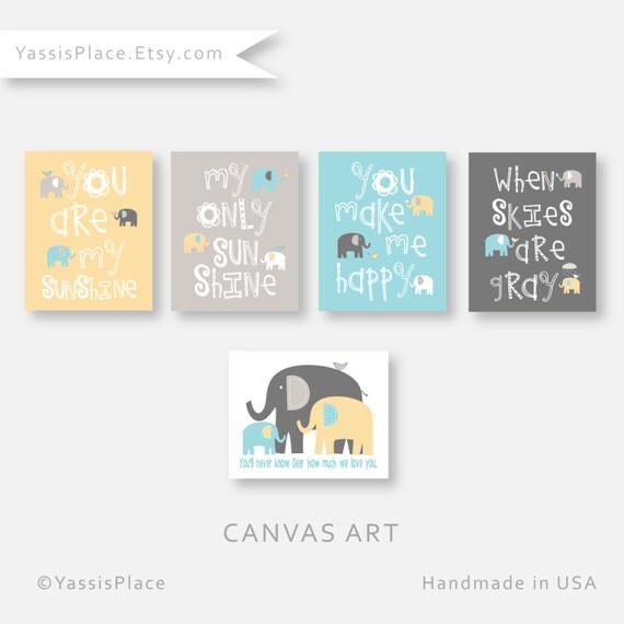 Elephant Nursery CANVAS Art, Boy Nursery Decor, You Are My Sunshine