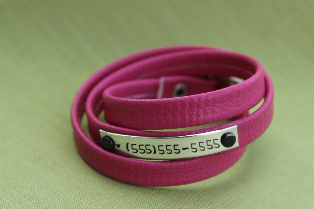 Custom Girl's Bracelet with Phone Number Leather Wrap in