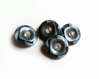 4 Charcoal Grey Vintage Buttons, Silver Rhinestone