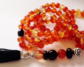 Turkish Islamic 99 Prayer Beads, Tesbih, Tasbih, Misbaha, Sufi, Worry Beads, Carnelian, Akik ,Aqeeq, Onyx