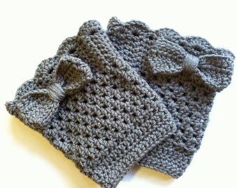Grey Bow Boot Cuffs Boot socks leg warmers with a lacey finish for women in any desired color and size