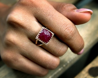 pink rose gold ring,ruby ring,square ring,gemstone ring,feminine ring,double band ring,vintage ring