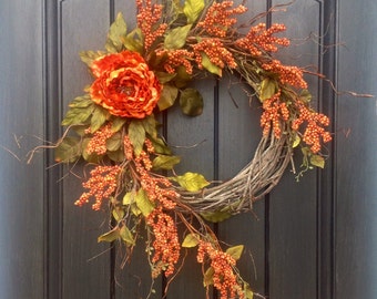 Fall Wreath Thanksgiving Wreath Halloween Orange Berry Twig Grapevine Door Wreath Decor