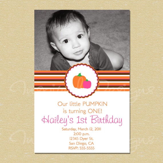 Pumpkin Pink Stripes Birthday Invitation Il_570xn