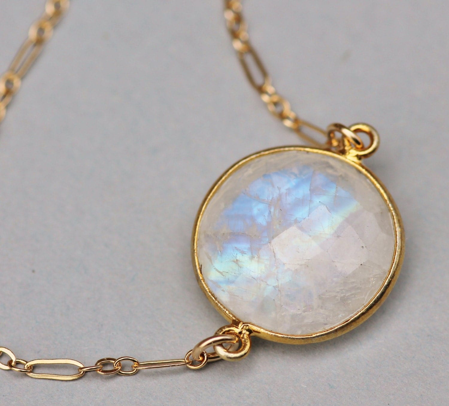 Genuine Rainbow Moonstone Pendant Necklace K Gold Edged