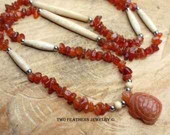 Carnelian Necklace - Gemstone Turtle Necklace - Carnelian And Bone - Native American Inspired - Tribal Style - Totem - Made In USA