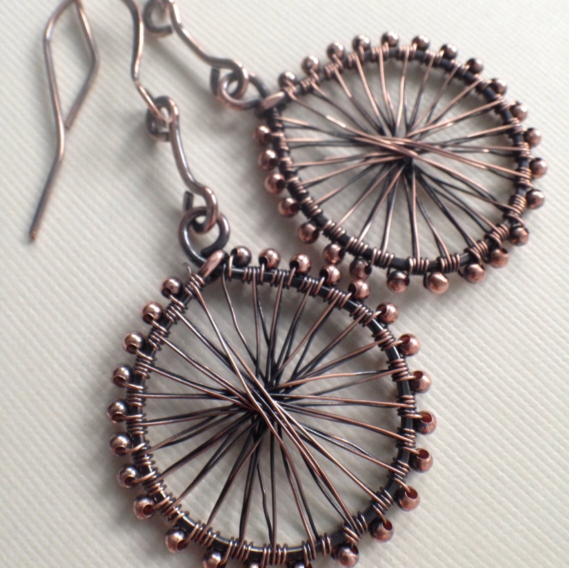 Copper earrings with copper beads wirewrapped copper dangle