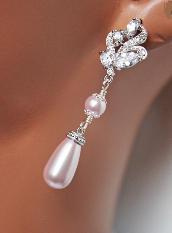 Pink Pearl Wedding Earrings Crystal Drop Bridal Earrings