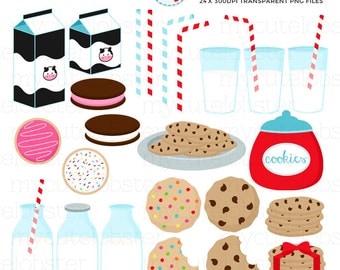 Milk & Cookies Clipart Set - clip art set of cookies, milk bottles, milk, straws - personal use, small commercial use, instant download