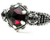 Blood Red Garnet and Black Diamond Steampunk Gear Ring - Coils and Rivets and Gears - Sterling Silver