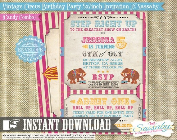DIY Vintage Circus Invitation - INSTANT DOWNLOAD - Candy Combo Printable Invitation by Sassaby Il_570xn