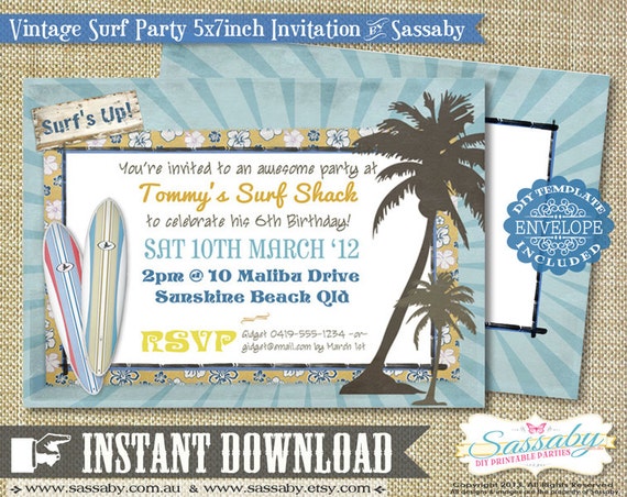 DIY Vintage Surf Boys Birthday Party Invitation - INSTANT DOWNLOAD - Editable & Printable File by Sassaby Il_570xn