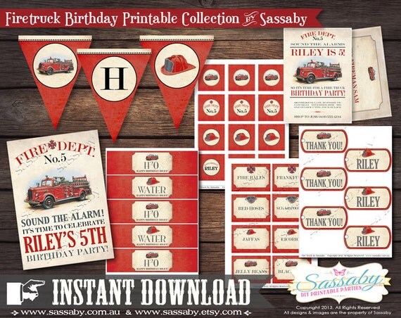 Firetruck Party Collection - INSTANT DOWNLOAD - Editable & Printable Birthday Party Decorations by Sassaby Il_570xn