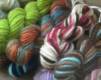 Scrap yarn mini skeins. 6 mini skeins with 10 yds each in a mix of colors. Yarn scraps for scrap booking, classroom projects, crazy afghans
