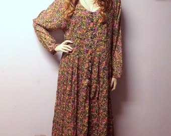 Vtg 90's Indian Cotton Gauze floral MAXI Dress BOHO Festival Sz Large