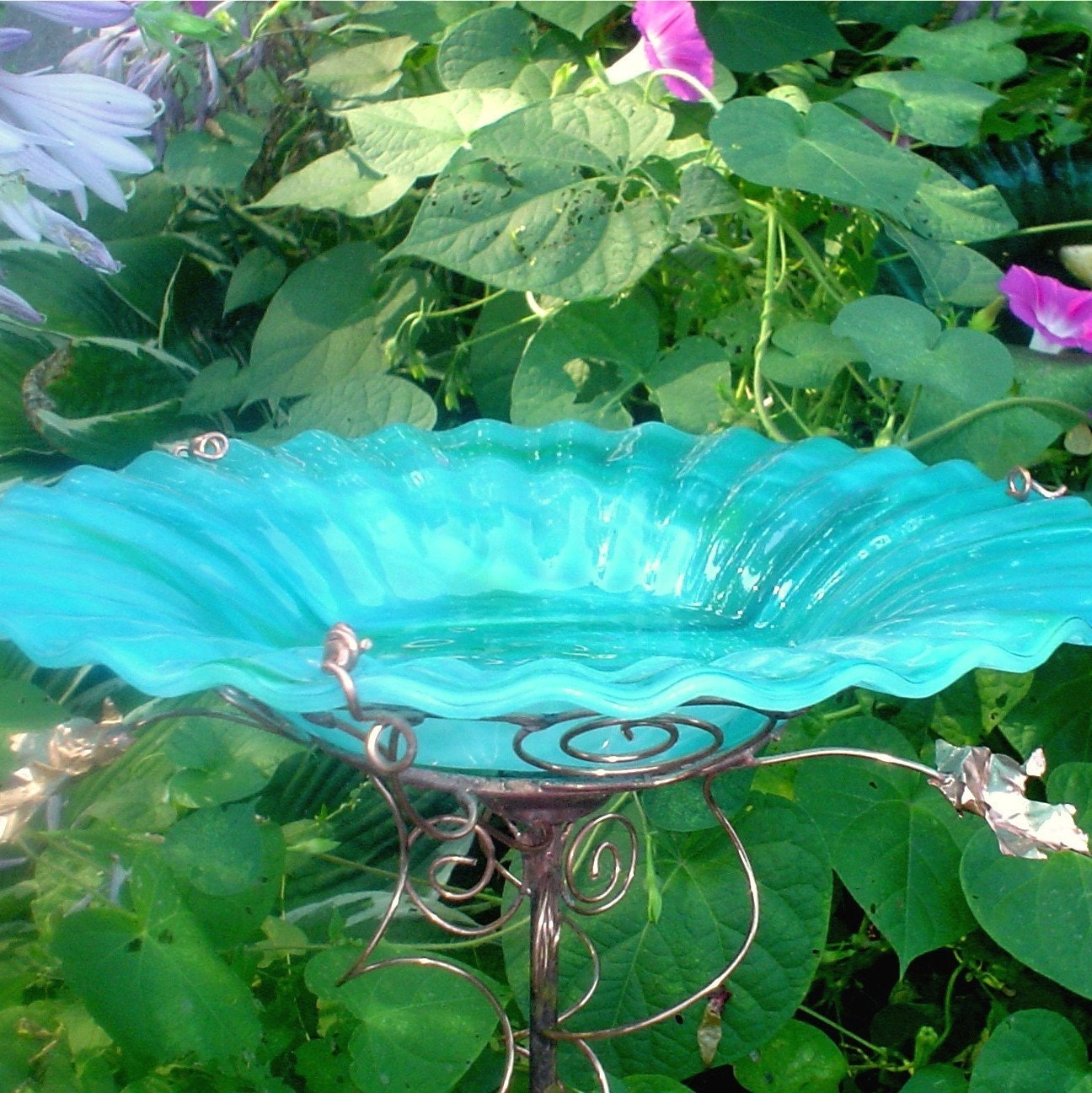 Glass BIRD BATH Aqua stained glass copper garden decor