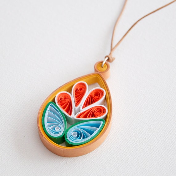 Items similar to Quilled Paper Flower Necklace on leather cord with