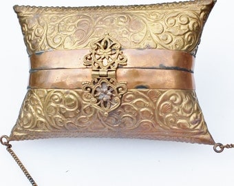 Vintage Brass and Copper Pillow Purse with Ornate Scroll Design