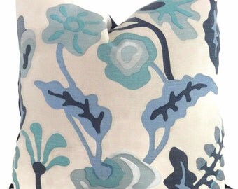 Quadrille Decorative Pillow Cover Potalla Blue Floral Silk Matka Alan Campbell, 18x18, 20x20, 22x22, 24x24 or Lumbar pillow, throw pillow