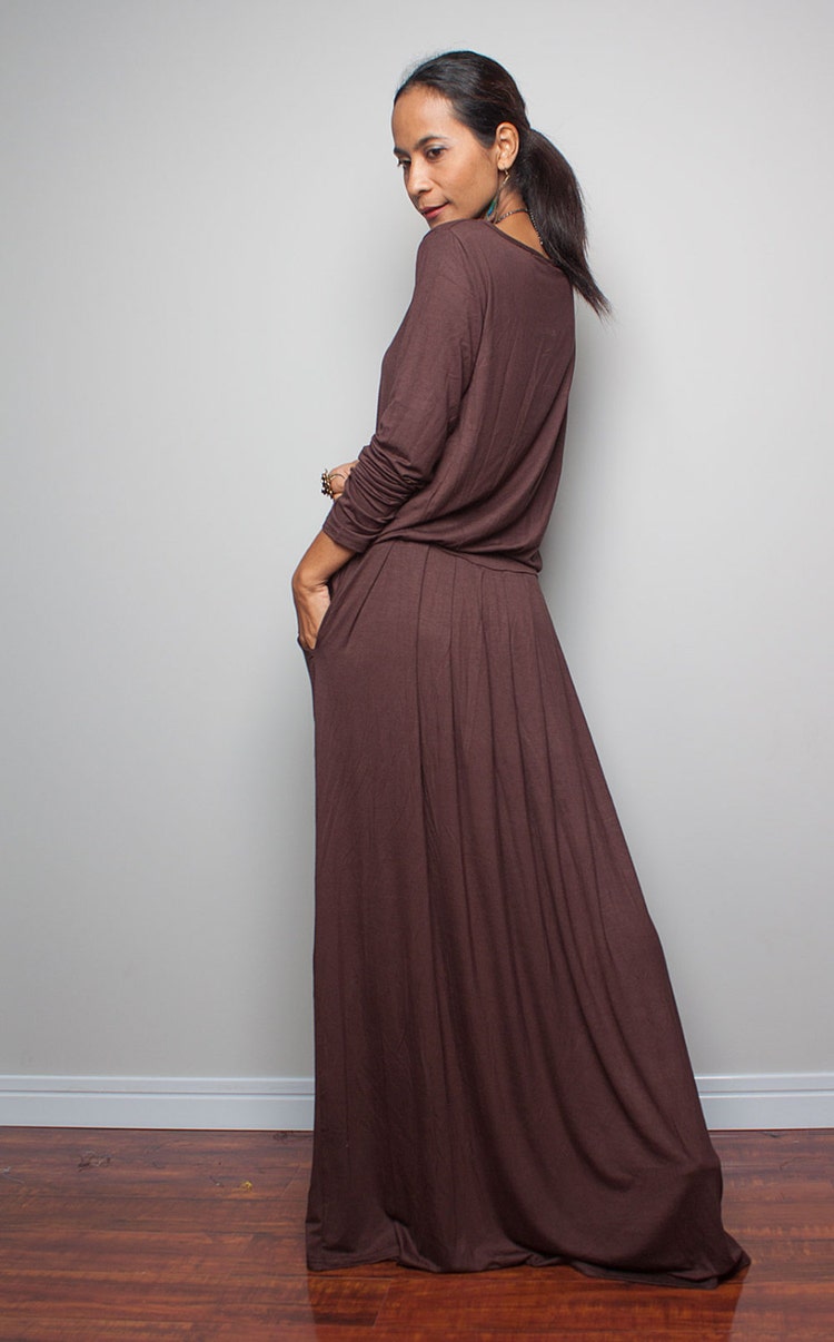 Brown Maxi Dress Chocolate Brown Long Sleeve Dress by Nuichan