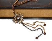 Aztec Necklace OOAK Long Bronze Black and Gold Rhinestone Pendant Beaded