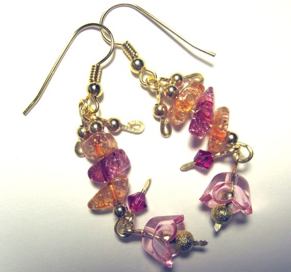 Pierced Earrings Fleur Fuschia Pink & Peach by ArianrhodWolfchild