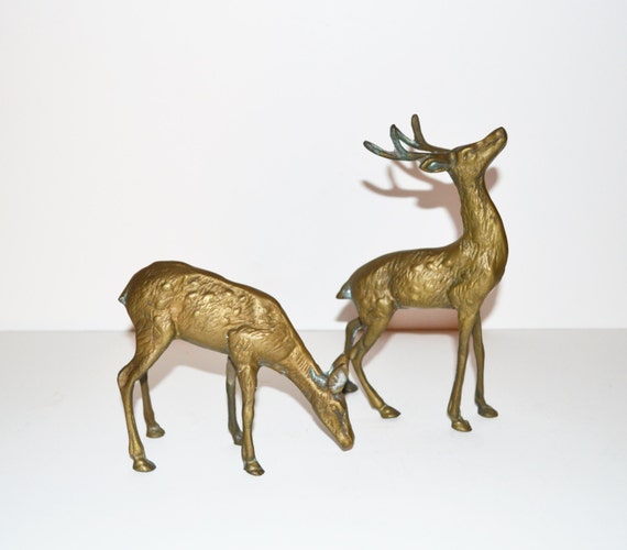 Vintage Brass Deer Figurines Rustic Deer Reindeer Woodland