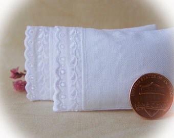 Dollhouse Miniature White Bed Pillows with Scalloped Embroidery, set of 2 - 1:12 scale