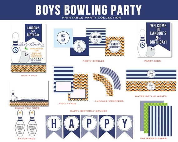 BOYS BOWLING CHEVRON Birthday Party Collection - Blue , Grey, Orange - Customized Party Package Il_570xn