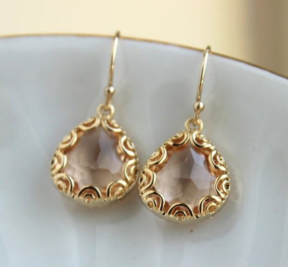Gold Champagne Blush Earrings Peach Pink Jewelry Pear Shaped