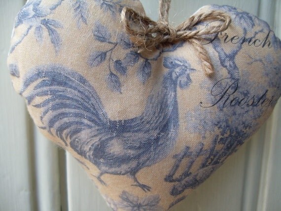 Shabby Chic Blue French Rooster Cottage, Fabric calico Heart Hanger with jute string and bow