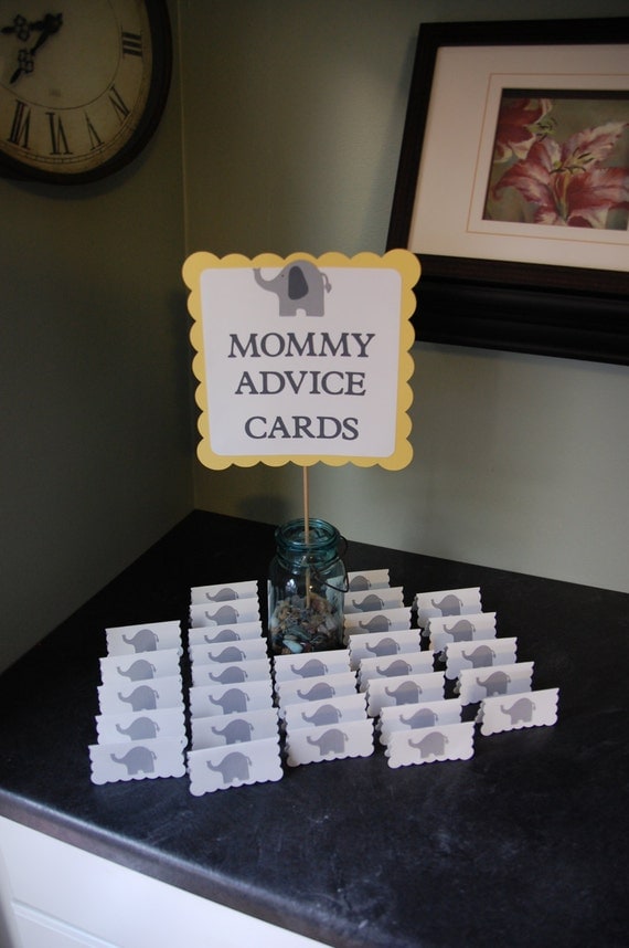 Elephant Baby Shower, Mommy Advice Cards and Buffet Sign 