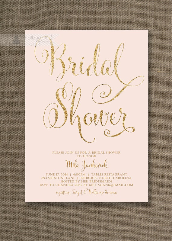 Blush Pink & Gold Bridal Shower Invitation Glitter Pastel Wedding Hens ...