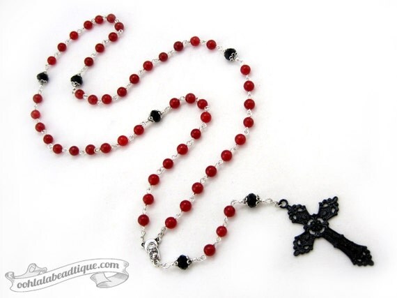 Gothic red Rosary necklace goth rosary steampunk rosaries