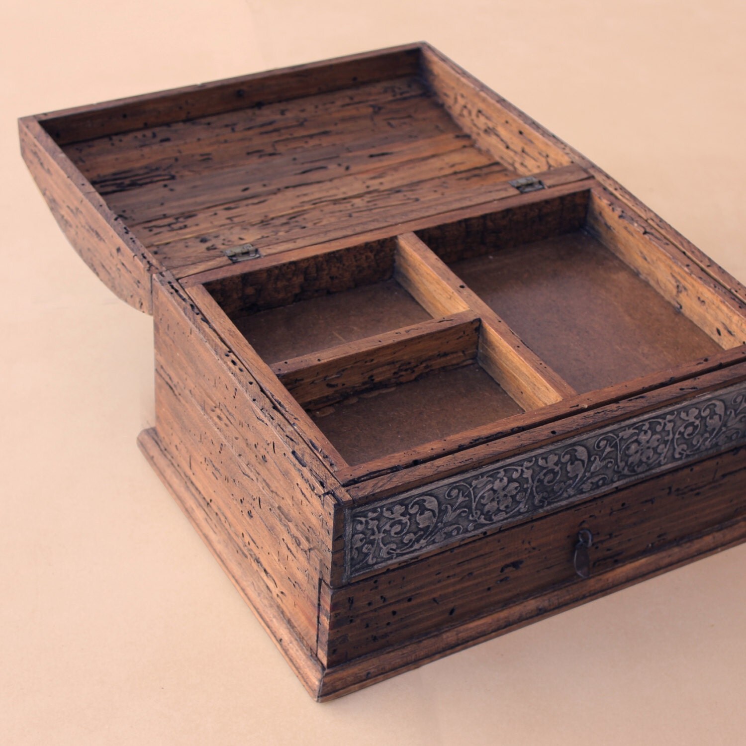 Personalized Rustic Jewelry Box unique details and drawer.