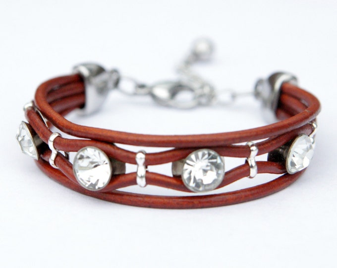 Crystal Bracelet - Adjustable Diamond Bracelet - Leather and crystal bracelet