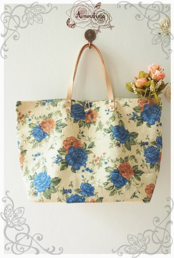 AMOR BAG : Vintage floral bag / Tote bag / Leather Strap