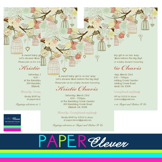 Girls Baby Shower Invitation, Shabby Chic, Bird Cage #101 - digital file, printable Il_570xn